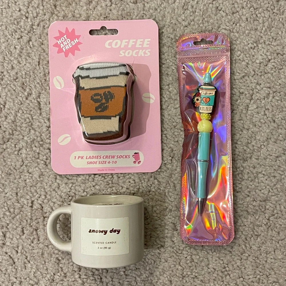 Coffee Gift Set Bundle - Socks with Gift Card Holder, Mug Candle, Kindness Pen